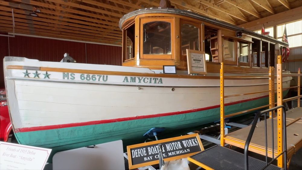 Photo of the AMYCITA, a 30 foot long build-it-yourself kit boat that was shipped from Bay City, Michigan’s Defoe Boat and Motor Works in 1915. She was donated to the SRMHS in 2014.
