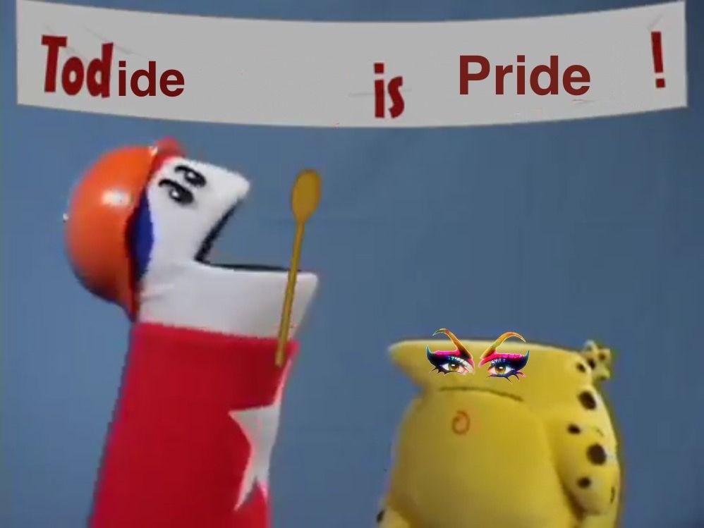 An edited photo of the famous Homestar Runner Todaybor Day is Labor Day screenshot. It reads 'Todide is Pride!' Everything else about the picture is unedited, except that The Cheat has cunty eyeliner.