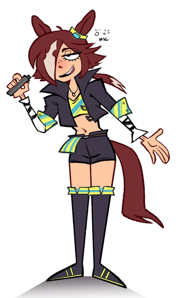 A drawing of Vodka, a character from UmaMusume: Pretty Derby. She's holding a flask and there's a little 'hic' by her head, implying she might be drunk.