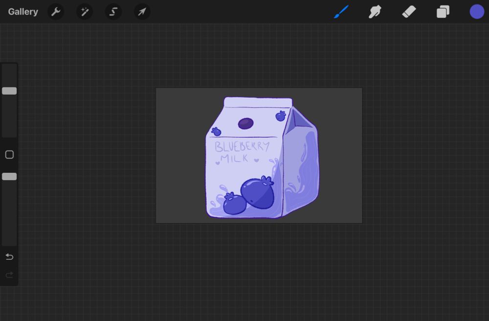 A screenshot on procreate of a small pale purple, almost white milk carton with lavender colour milk/water on the sides with blueberries on the front of the carton with the words “blueberry milk”. 