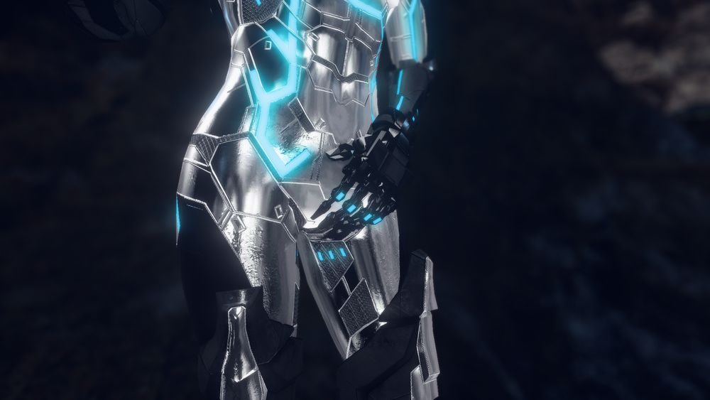 A close up of Exal's waist area. She can be seen reaching towards her armored crotch with one cybernetic hand hesitantly.