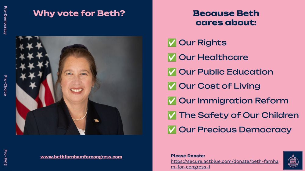 Woman in a blue suit standing in from of the American flag. Beth Farnham lists her positions on health care, education, immigration, and our rights.