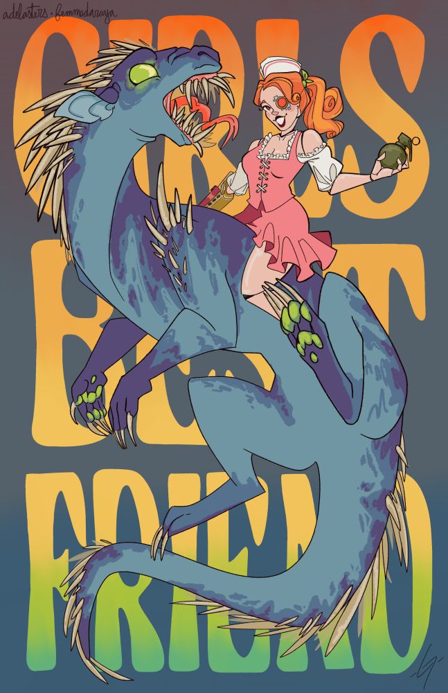 Drawing of Sundry Sidney from Dimension 20, in a 50's pin-up style pose on the back of Aurora Nebbins the monstrous alien weasel. Behind them are big retro poster letters spelling out "GIRLS BEST FRIEND."