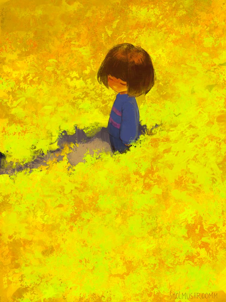 Frisk from Undertale standing in the middle of a very bright yellow flower field