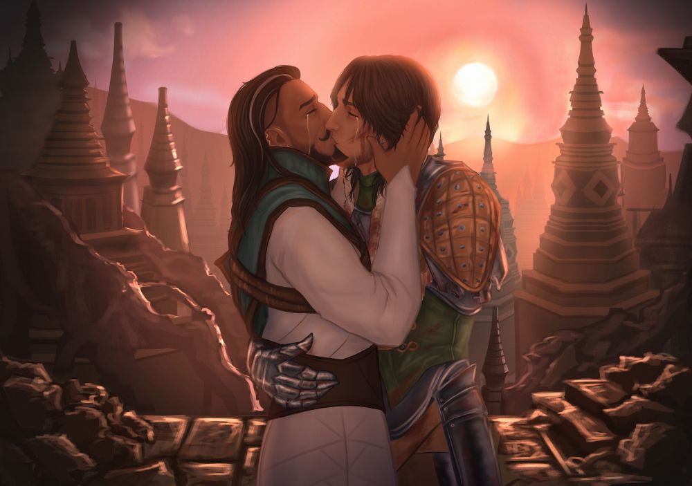 A digital art by Zeke of her Inquisitor Lesage Trevelyan kissing Dorian while having his right arm around his waist. Both Dorian’s hands are holding Lesage’s face. Both have tears flowing down their faces. The background is Minrathous after the Veilguard saved the world. There are Tevinter style buildings and blight tendrils. The Sun rises above the city, painting the sky orange-pink ambient 