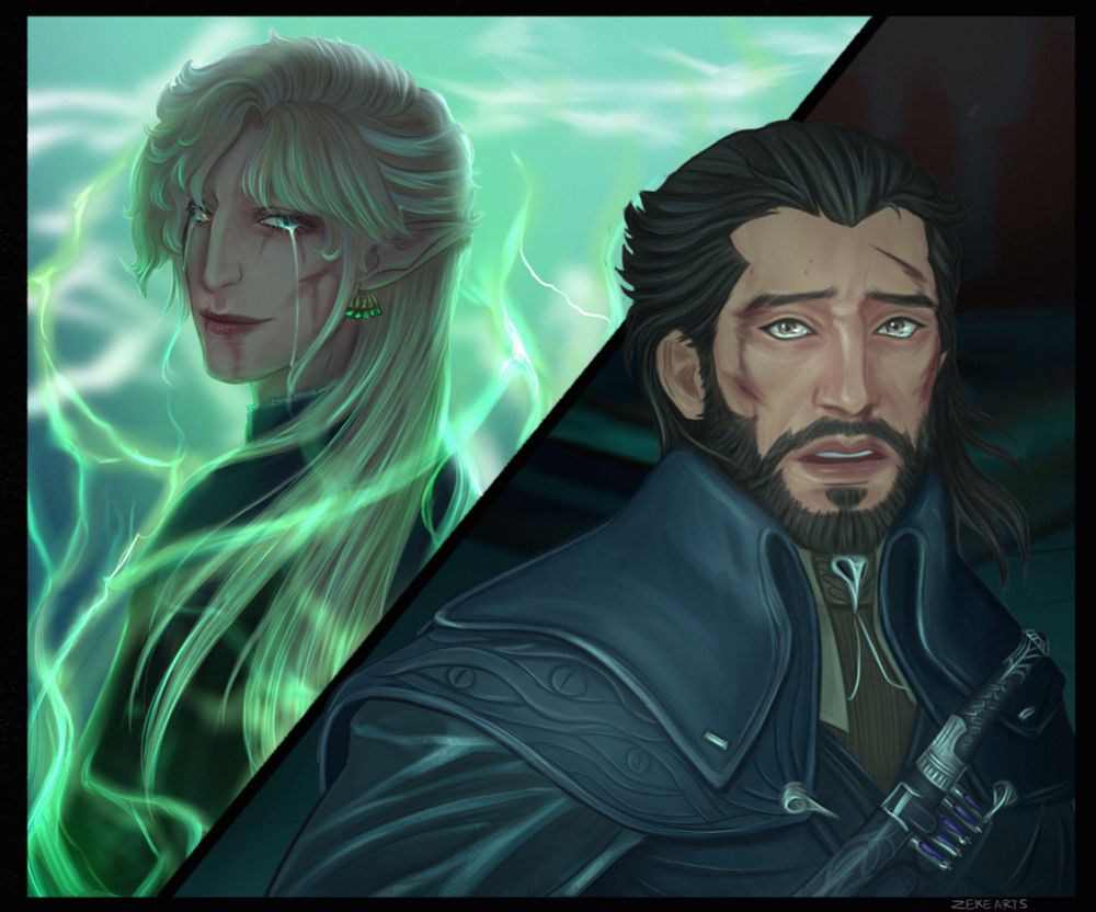 A digital art by Zeke consists of her Rook Vhilan with tears streaming down his face as he prepares to sacrifice himself to save the world and Lucanis watching with tears welling in his eyes as he watch his lover give him his last smile as a farewell.