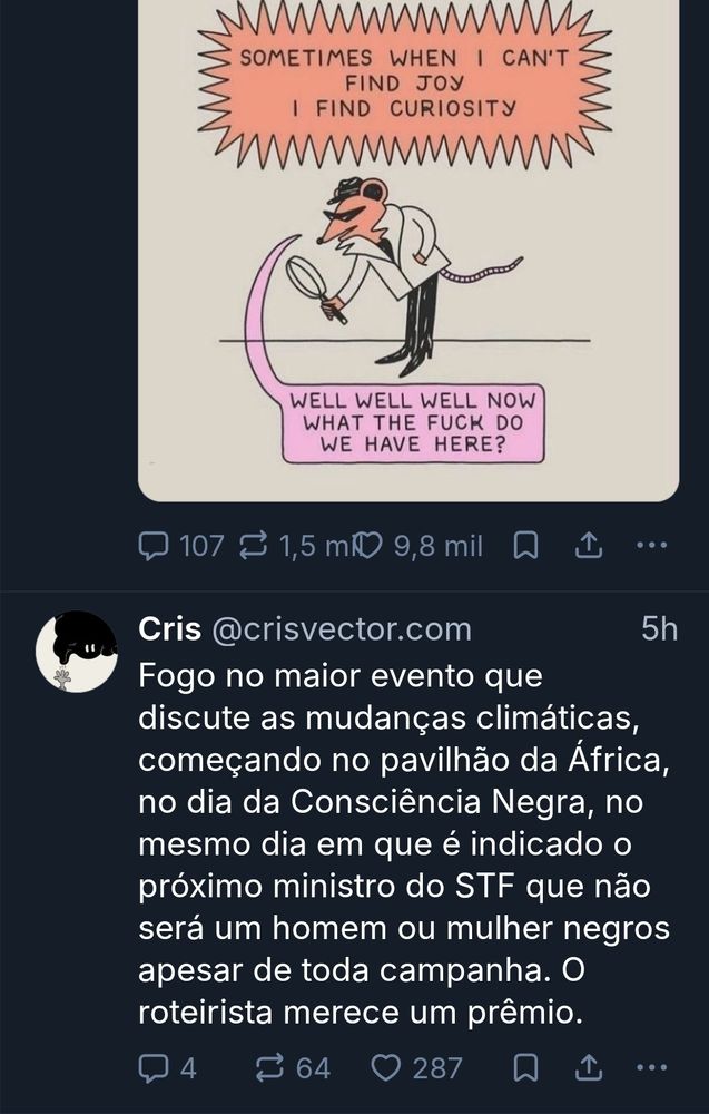 Screenshot mostrando uma sequência de posts onde o de cima é um quadrinho de um rato detetive olhando pra baixo com um lupa dizendo "[...] what the fuck do we have here?" e o segundo é um comentário do Cris Vector sobre as coincidências loucas do incêndio na COP no dia de hoje, terminando com "O roteirista merece um prêmio.".