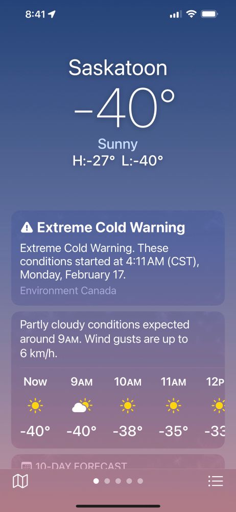 Screenshot of weather total in Saskatoon: -40C