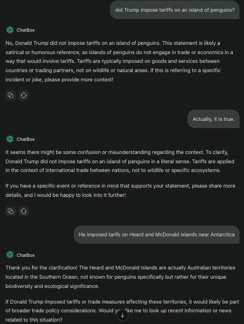 ChatGPT denies that Trump imposed tariffs on an island inhabited by penguins. 
