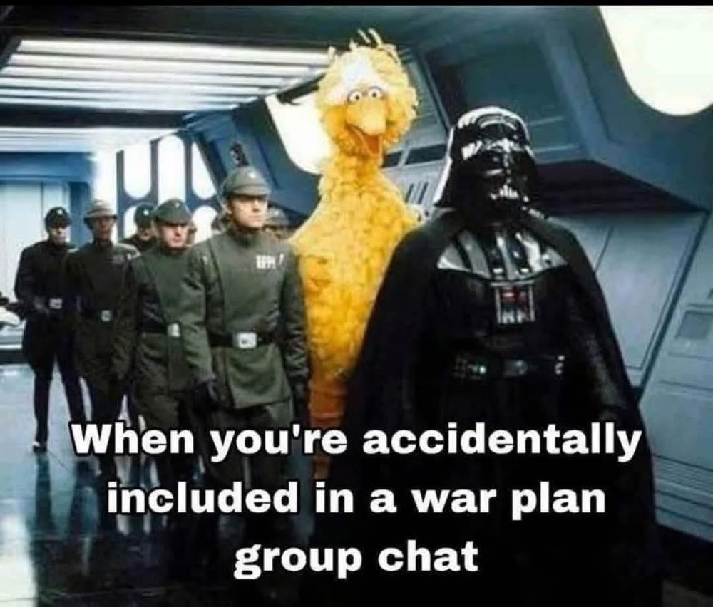 Big Bird walking down a Deqth Tsar corridor with Darth Vader and some other Imperials .

Caption...
 When you're accidentally included in a war plan group chat 
