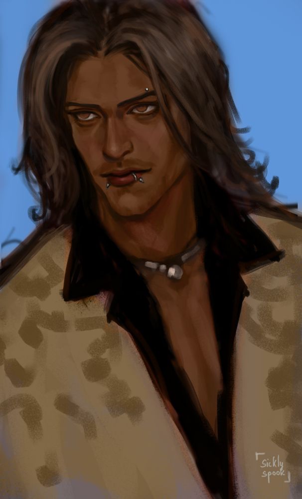 Portrait of a male oc with face piercings and long brown hair