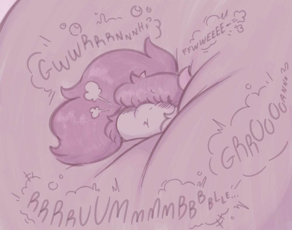 A close-up shot of Bibi (me) who is very overinflated from drinking 2000 sodas. Her puffy cheeks are blushing and her head is sinking into her ballooning body that is almost filling the entire canvas.