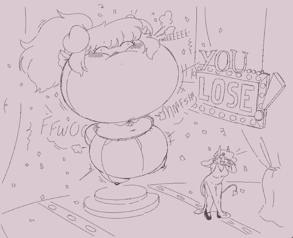 Bibi (me) getting outrageously blown up after losing a game show. Her body is round and puffy, but her head is blown up nearly twice as large. She is floating slightly off of a small raised platform in the center of the stage, and is surrounded by celebratory confetti. There is a large hanging sign off to the side that reads "YOU LOSE!" in big text.  A demon game show hostess wearing a long slim slitted dress stands in front of her, turned away and laughing with her fingers plugging her ears...