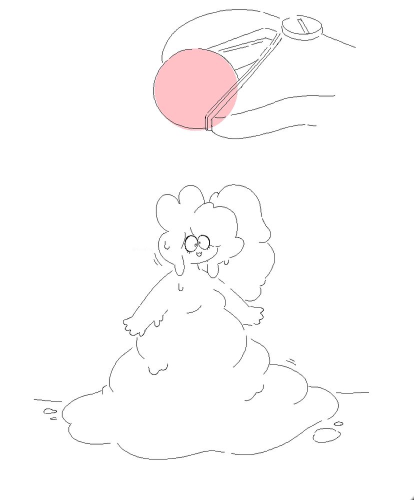 Beeb (me) in a situation inspired by those videos of someone dropping a red hot metal ball onto/into materials to see how they react. She is made of slime/flarp putty and standing beneath a giant wrench/pliers holding the titular red hot metal ball. She has a vacant goofy expression. 