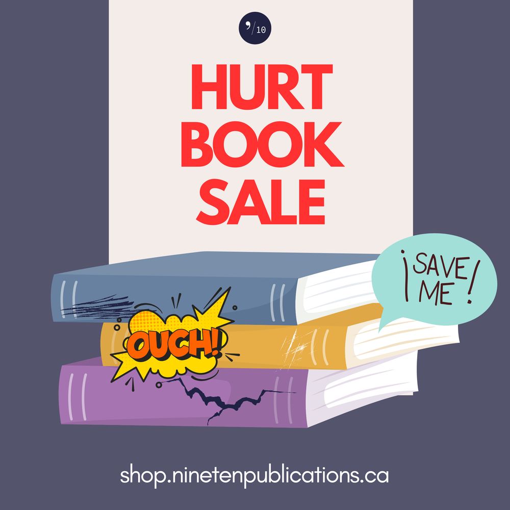 Illustration of a stack of three books with a comic-book style exclamation that says "OUCH!" over the spines and a speech bubble off to the side that says, "Save me!" Red text above the stack says, "HURT BOOK SALE," with the 9/10 logo above it.