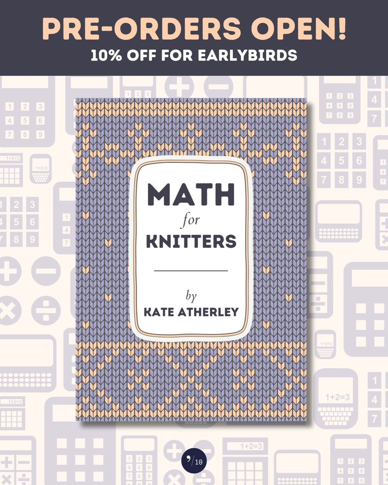 The book cover of "Math for Knitters," by Kate Atherley, is on a patterned background of calculators and arithmetic symbols. A heading reads, "Pre-Orders Open! 10% off for earlybirds."