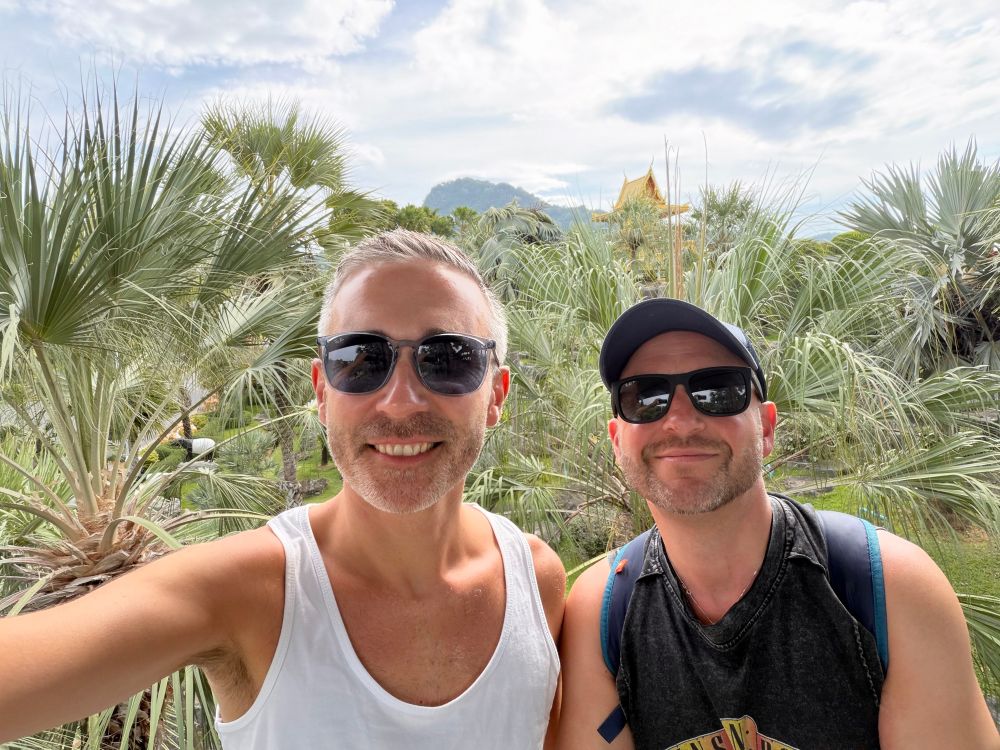 A selfie. Keith (L) and Daniel (R) with Thai greenery behind us, a temple peeks out above the tree line. I don’t think it’s a real temple, we seem to be at some sort of funfair garden. I’ve saved you from seeing the massive plastic dinosaurs that they have dotted around the place. 