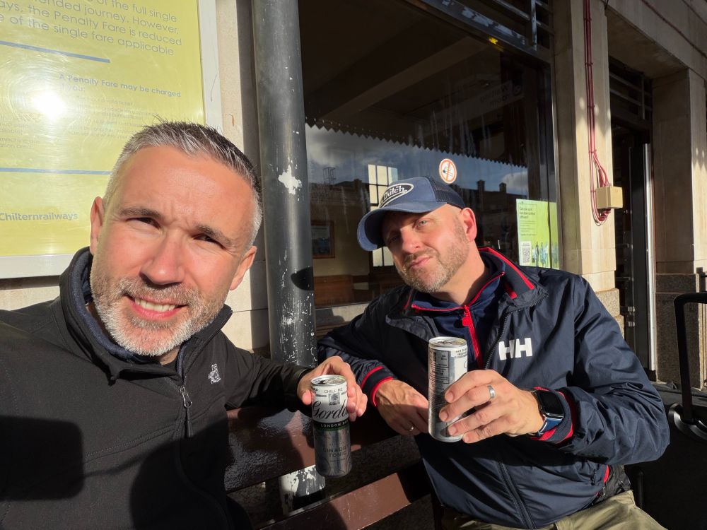 A selfie. Keith (L) and Daniel (R) squinting in the sun and enjoying a platform tinny