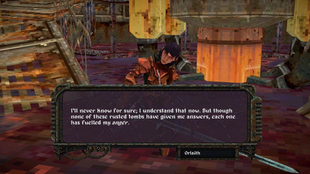 A screenshot from Dread Delusion featuring a speaking character engaging in dialogue, in what looks like a desolate industrial room. The screenshot is purposefully out of context to avoid giving spoilers.
