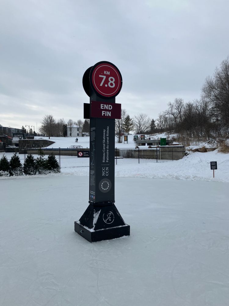 Distance marker at the south end of Ottawa's Rideau Canal Skateway, Jan. 16, 2025.