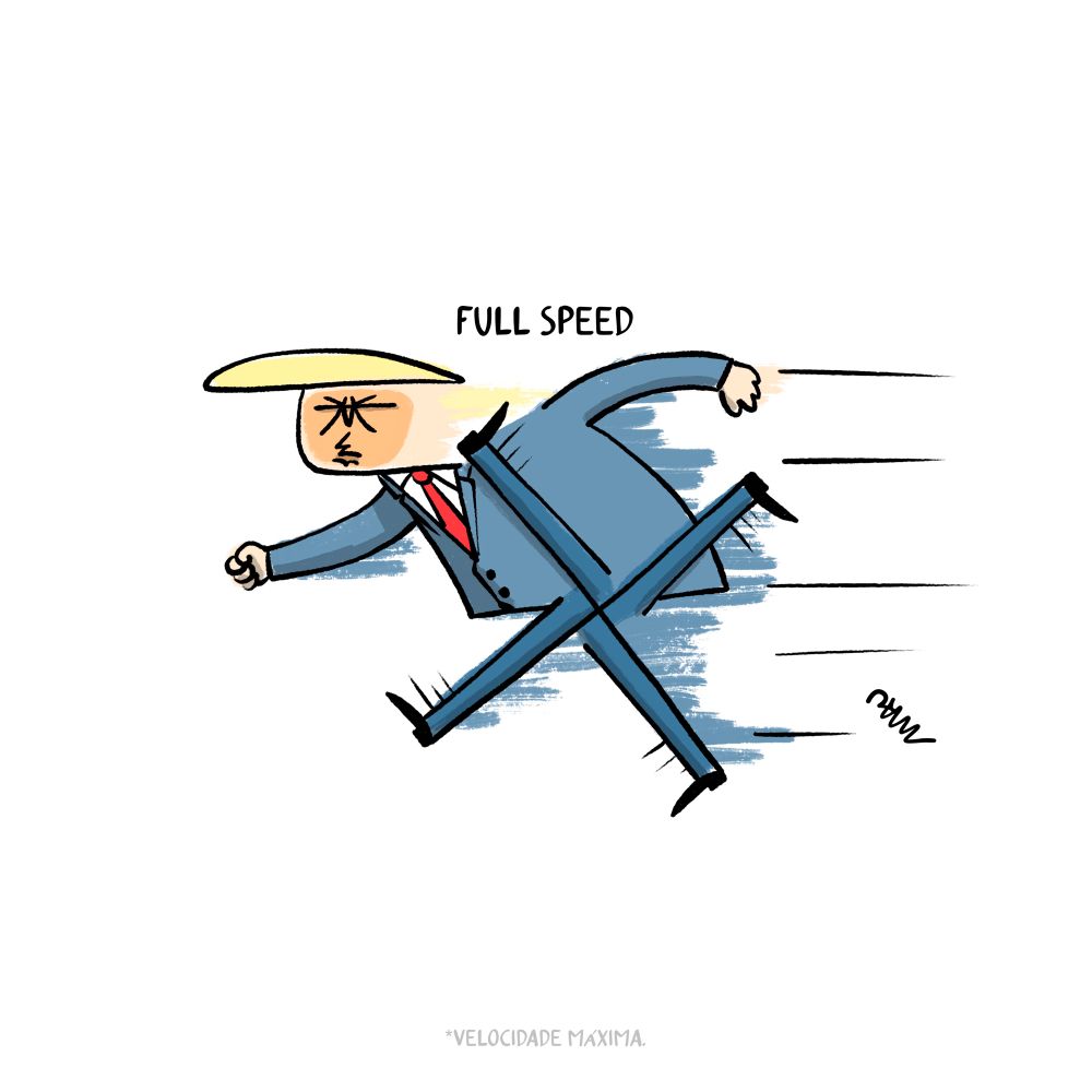 english / português

Cartoon: Under the title “Full Speed,” Donald is running. In the drawing, his legs resemble a pinwheel to convey a sense of speed, while at the same time forming a swastika.

charge: sob o título “velocidade máxima”, donald está correndo. no desenho, suas pernas parecem um catavento, para dar a intenção de velocidade ao mesmo tempo que formam uma suástica.