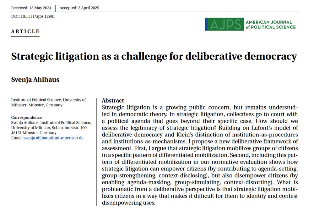 Abstract of the article "Strategic Litigation as a Challenge for Deliberative Democracy" https://onlinelibrary.wiley.com/doi/epdf/10.1111/ajps.12981 