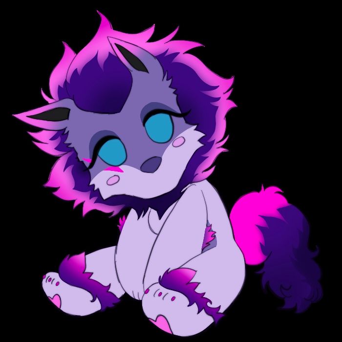 A doll of a purple, grayish, and pink wolf named Cygnus. She has blue eyes and a bushy mane and tail.