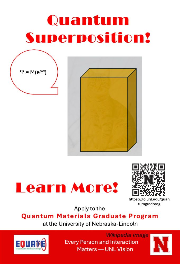 A 3D box includes an image of a cat. An adjacent equation appears in a quote shape. Learn more, apply to the Quantum Materials Graduate Program at Nebraska ... EQUATE and N logos. https://go.unl.edu/quantumgradprogram