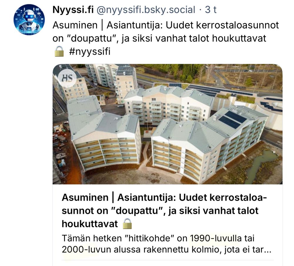 Kuvakaappaus uutisesta Vanhat talot houkuttavat, eli 1990 tai 2000-luvulla rakennetut.