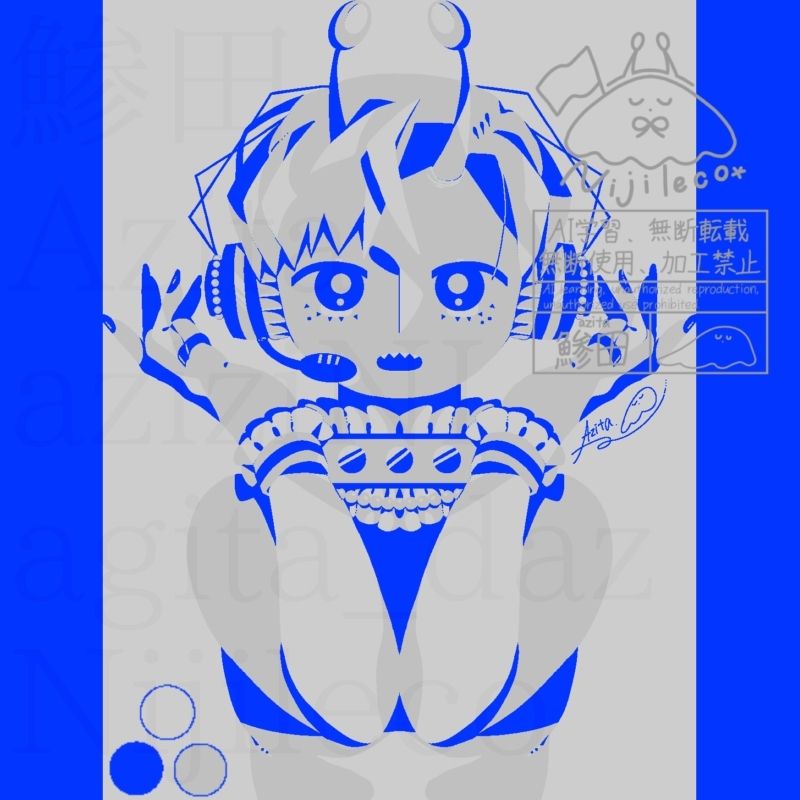 鯵田の代理兼アバターが3色のみで描かれたイラスト作品。
宇宙人のような触覚、アシンメトリーなショートカット、小さめの瞳、ふくよかな体型。
少し開かれた口からはギザギザした歯が見えている。