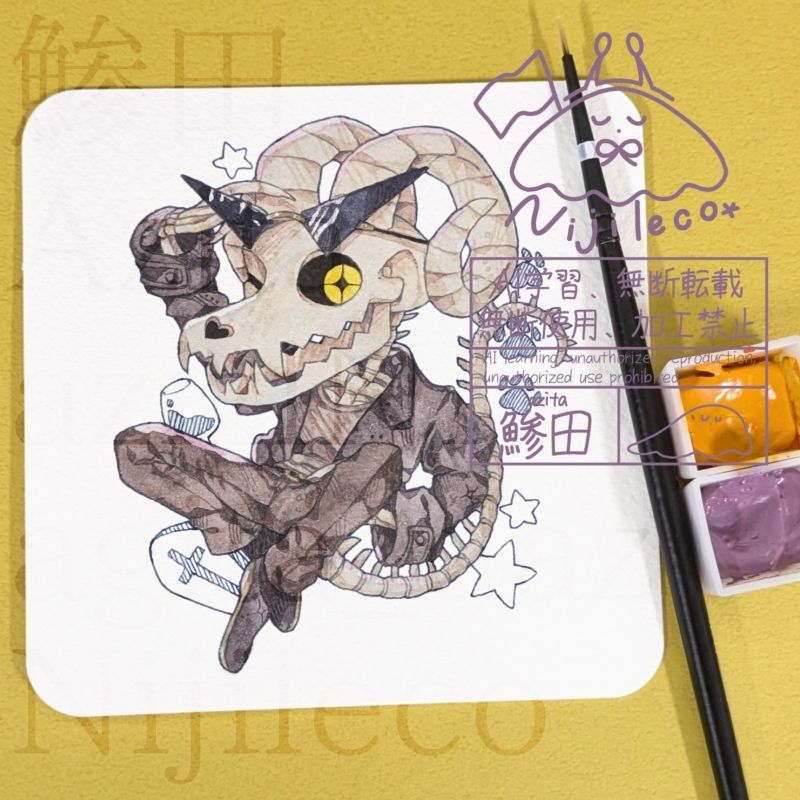 クライアントの創作キャラクターをデフォルメイラストとして描いたもの。

骨の外見をしたキャラクター。
頭部はヤギ、体は人間、長い尻尾骨などの特徴があり、瞳は黄色。
茶色系統の服装をしており、シャツにアウター、ズボン、靴を身に着けている。
サングラスをあげてこちらへウインクしている。

背景は星、犬の足跡、お墓、ワイン。