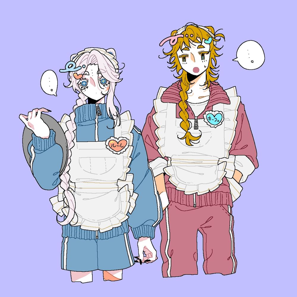 鯵田の創作キャラクター、ルーレ・オヴィターレとキーファ・トルライを描いたイラスト作品。
ジャージメイドを着て何もしていない2人の図。