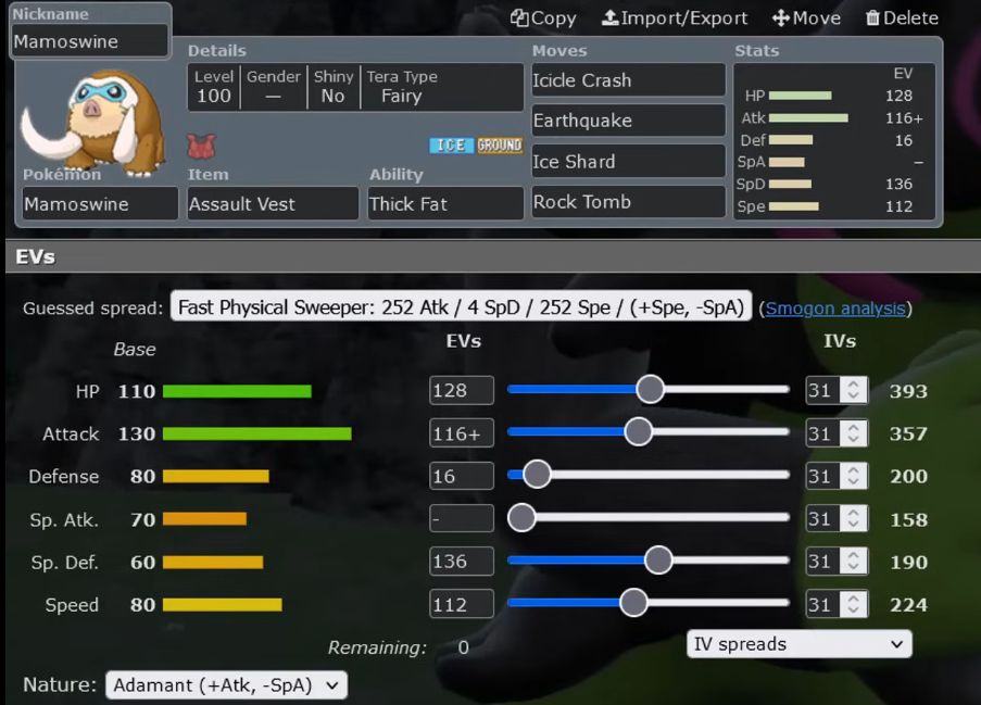 a Thick Fat Assault Vest Mamoswine set with an extremely unorthodox set of EVs

it's EVs are as follows: 128 HP, 116 Attack, 16 Defense, 0 Special Attack, 136 Special Defense, and 112 Speed.

It's Adamant nature (+Attack, -Special Attack)

Its moves are Icicle Crash, Earthquake, Ice Shard, and Rock Tomb