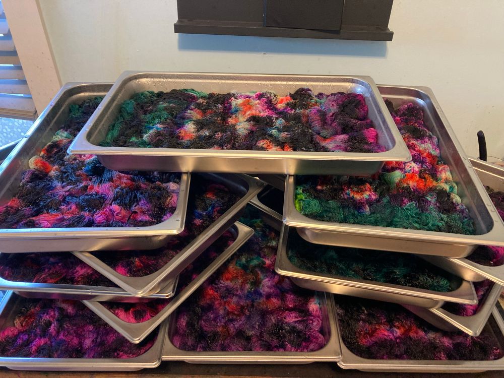 12 catering pans full of dyed yarn stacked awkwardly on a table. The yarn is green and purple and has some coral and dark speckles. The cat is nowhere to be seen, he said he’d help wash this. 