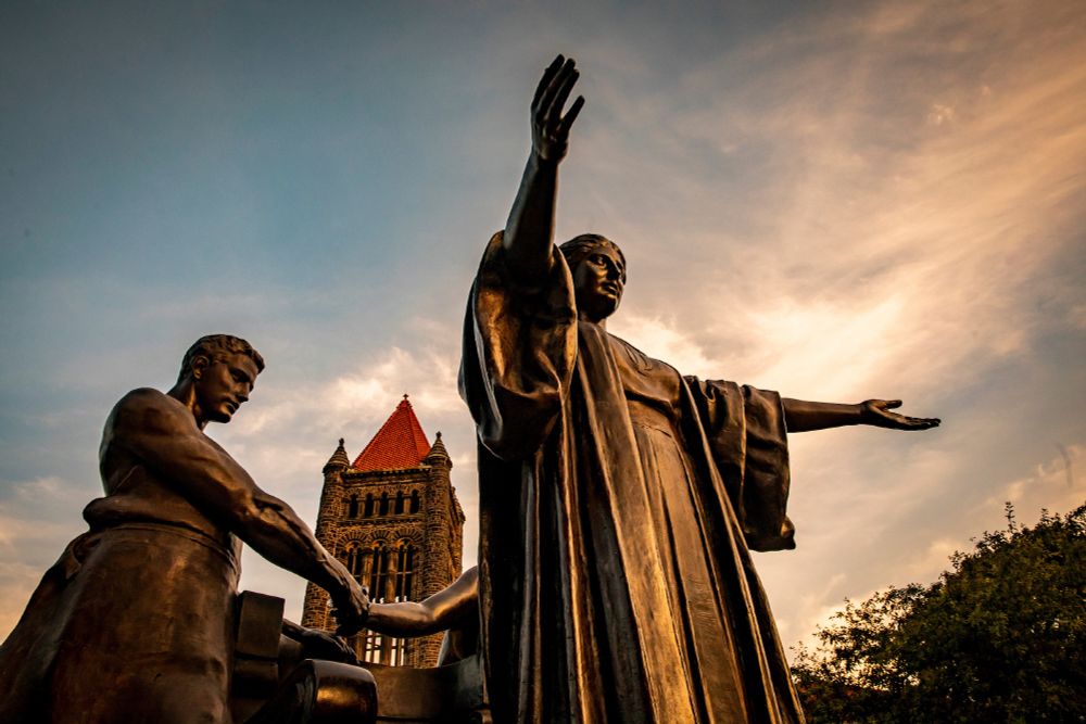 Altgeld Hall and Alma Mater, the beloved bronze mother figure that has greeted generations of University of Illinois students, graces the entry way to the campus.