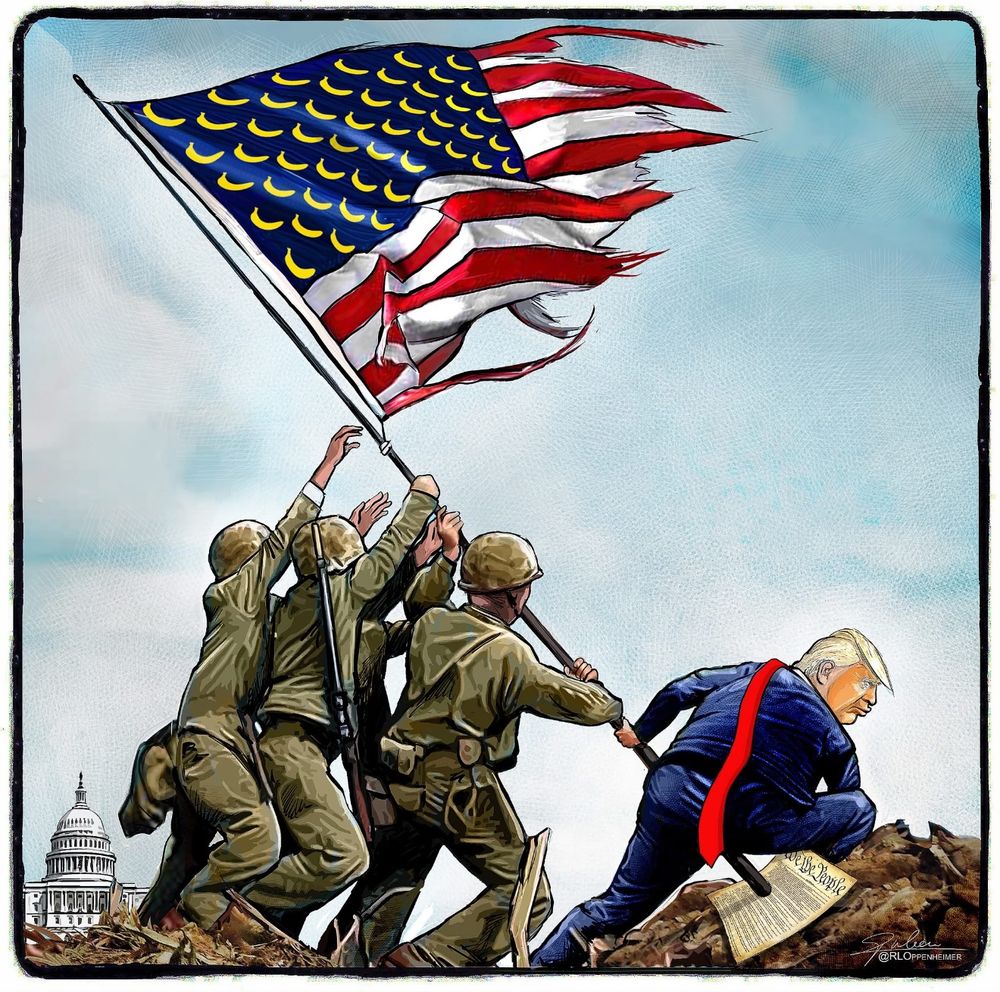 On first sight this was the famous victory WWII picture of American militaries planting the flag. But when looking better: its the embarrassing scene with a demented president helping some militaries planting the American wanna-bee flag (the stars are bananas now) into a pile of shit, and while doing - on purpose - piercing the constitution. 