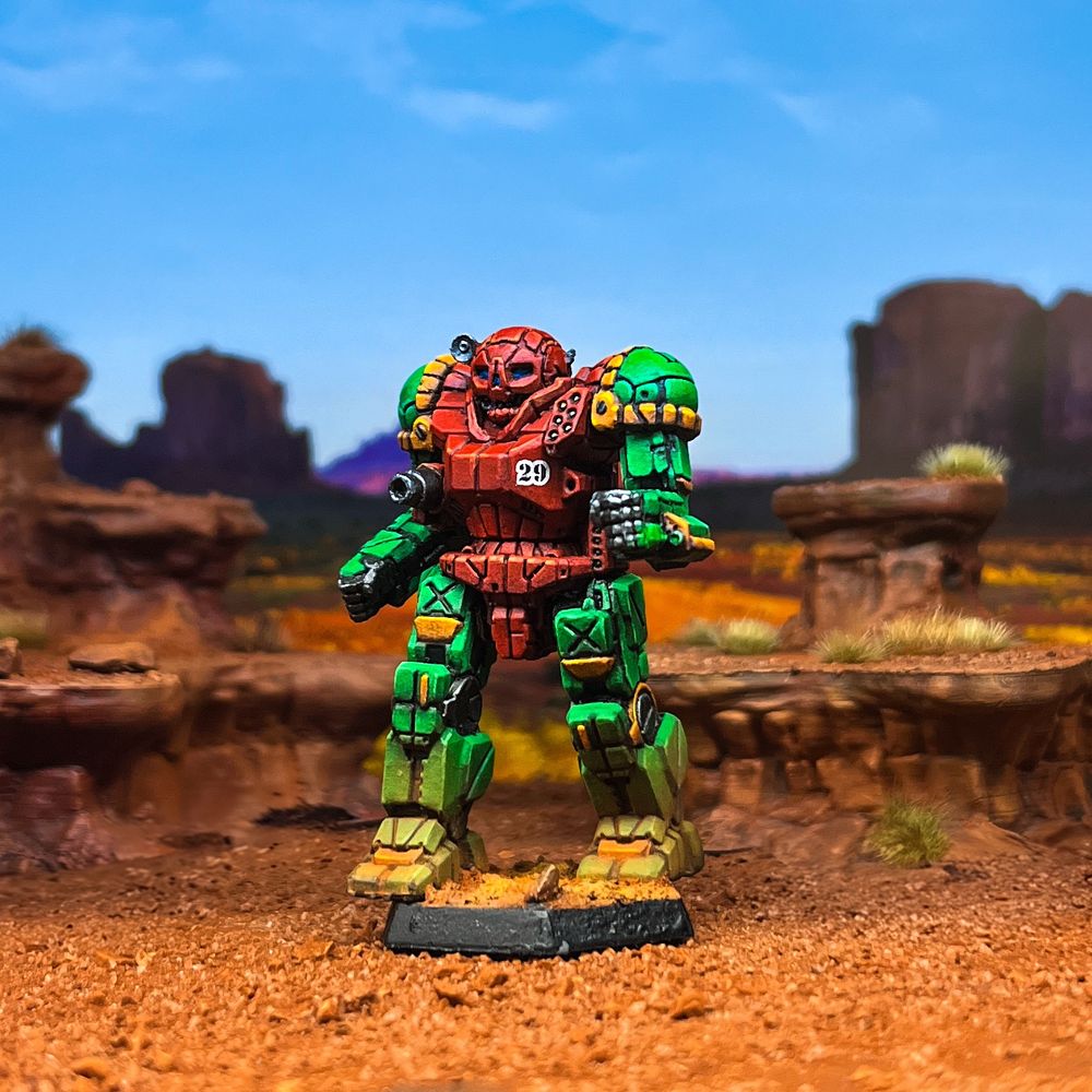 Atlas mech in 9th Sian Dragoons scheme. Scheme consists of red torso, green limbs, with orange highlights to designate the 9th. Mech taken on badlands scene. 