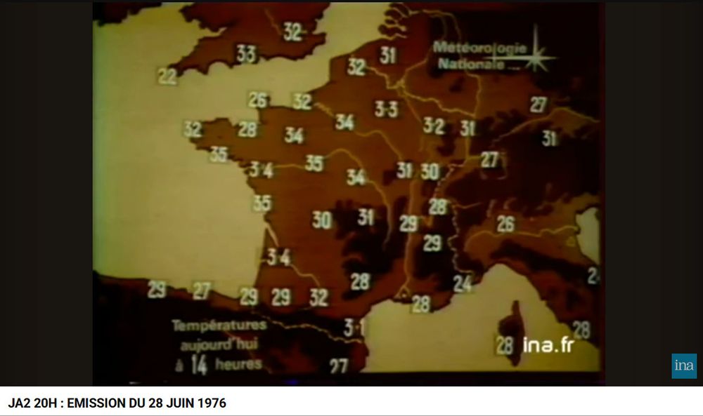 La carte d'époque est en fait rouge - mais c'est la couleur de la France pour la météo d'Antenne 2 même quand les températures sont négatives ;)