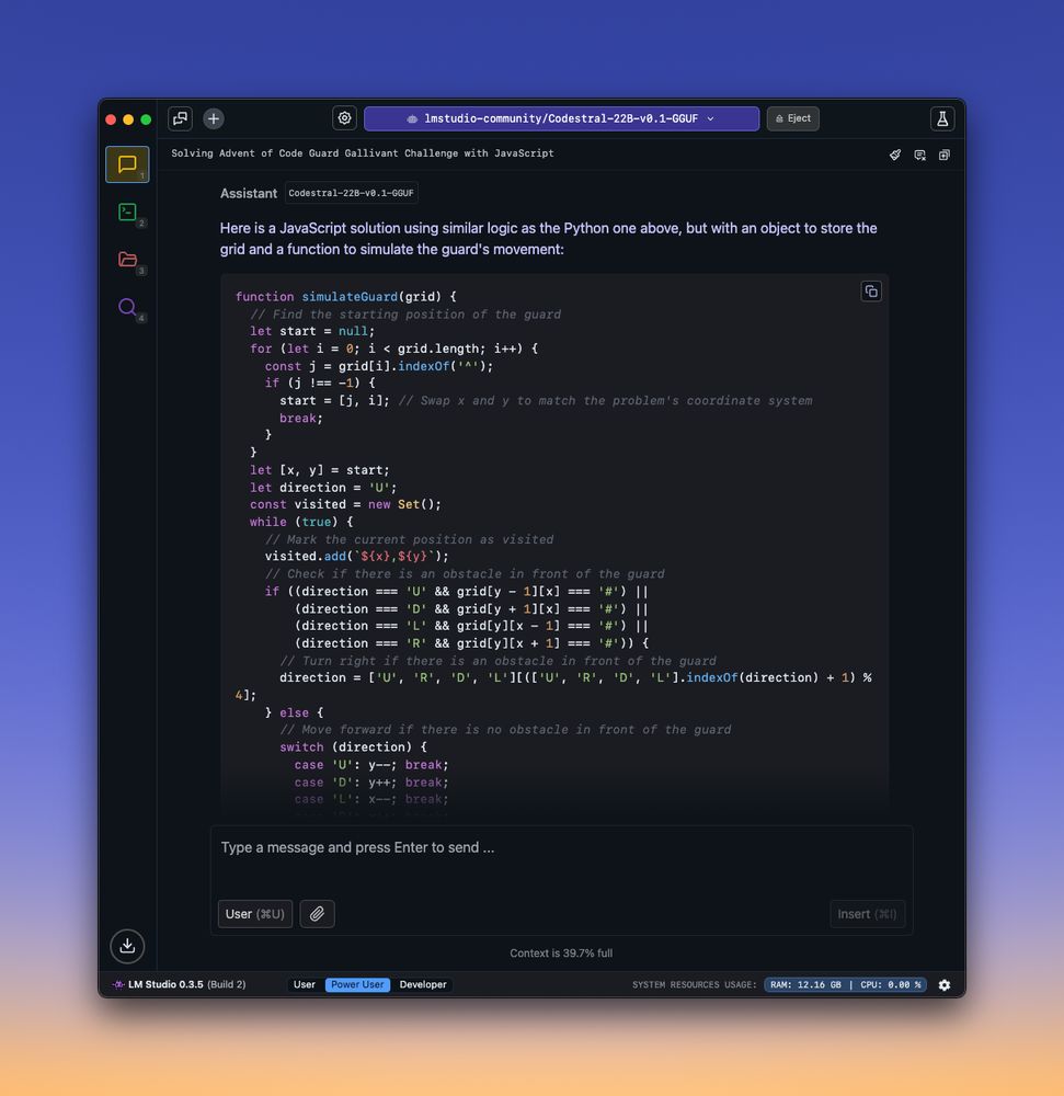 a computer screen with an open program, likely written in JavaScript rather than Python. The program appears to be part of the "Codestral Model" and is being used for solving "adventofcode" challenges. The screen has a blue background and black text, making it easy to read.