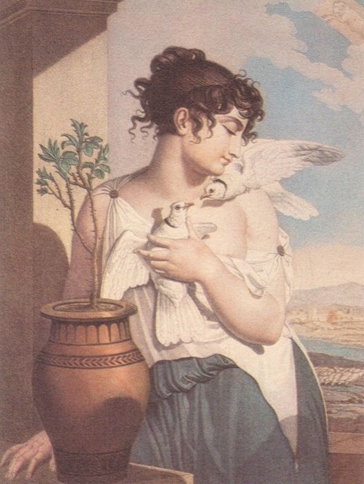 Allégorie du mois de Germinal : une femme vêtue de blanc et de gris se tient prêt d'une jeune pousse dans un pot en tenant deux tourterelles s'embrassant. 