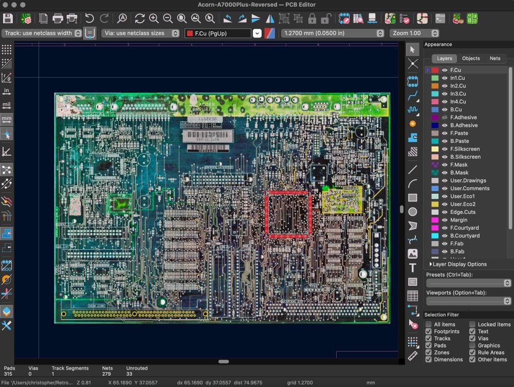 Kicad showing the scanned image of a  acorn a7000 pcb