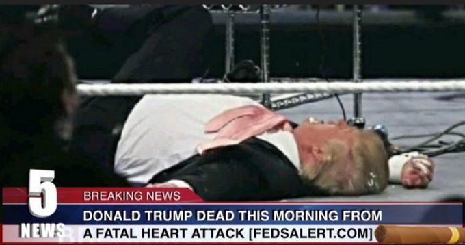 screenshot of 5NEWS showing Donald on the floor on his back with this headline: DONALD TRUMP DEAD THIS MORNING FROM A FATAL HEART ATTACK (FEDSALERT.COM)
