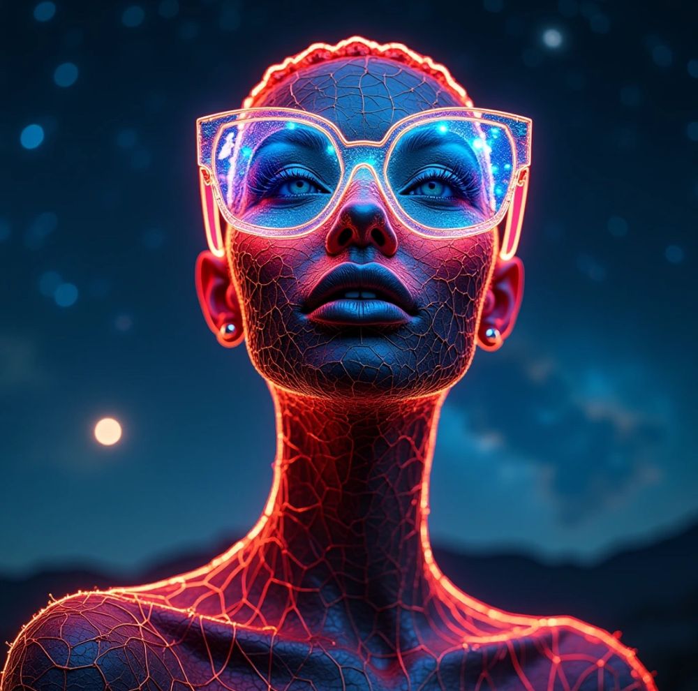 A wire sculpture of a woman adorned in neon glasses