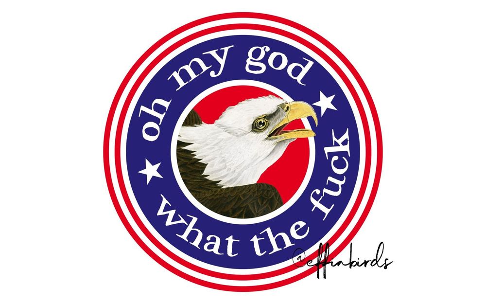 A painting of a bird beside the text "Oh my god, what the fuck"