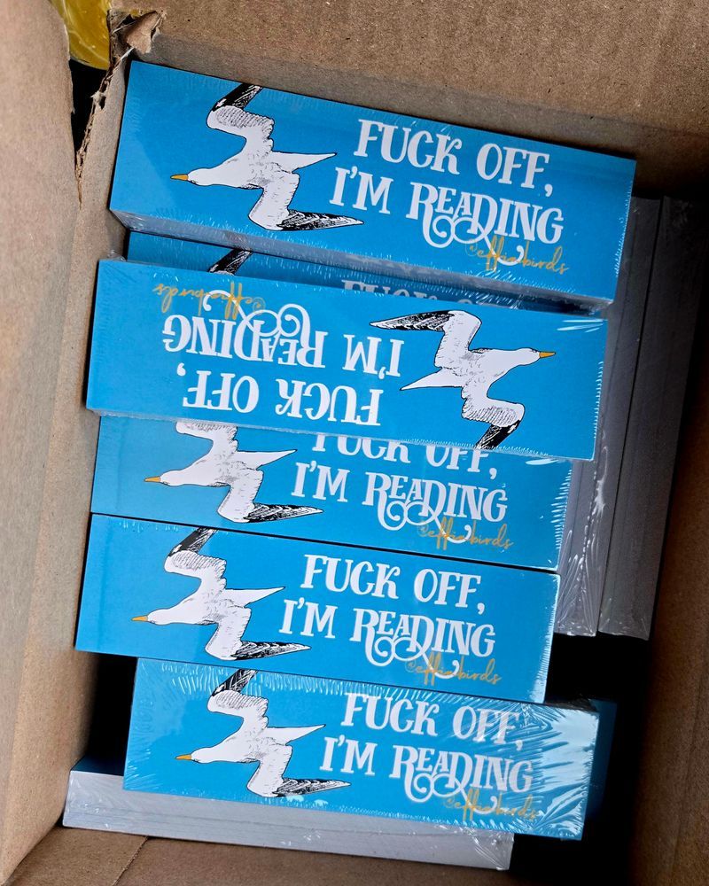 a box of one thousand bookmarks that say "fuck off I'm reading"
