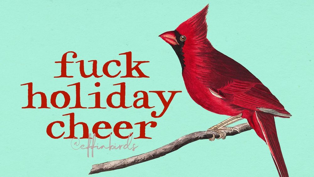 A painting of a bird beside the text "fuck holiday cheer"
