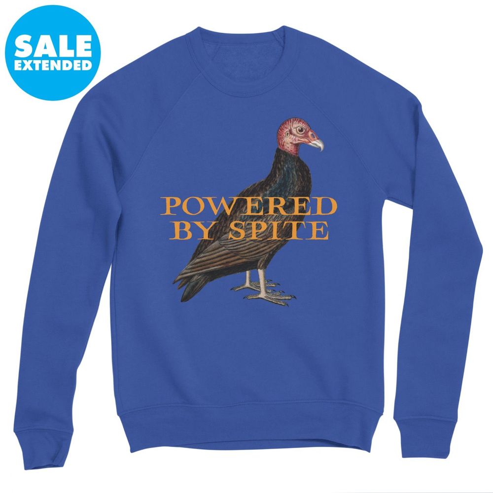 A sweatshirt featuring a painting of a bird beside the text 