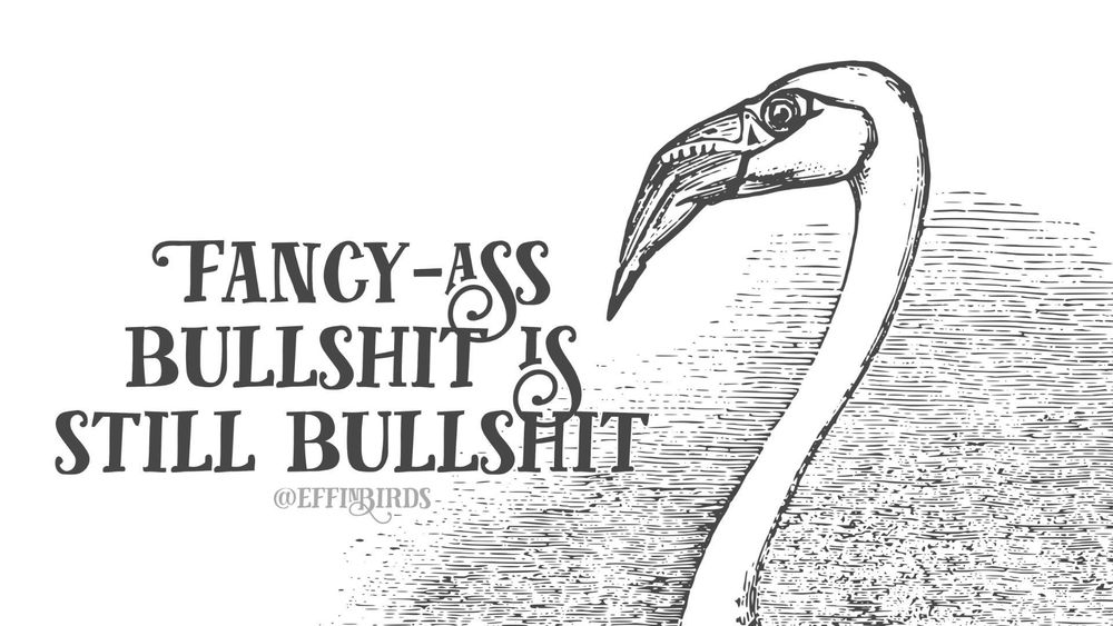 A painting of a bird next to the words "fancy-ass bullshit is still bullshit"