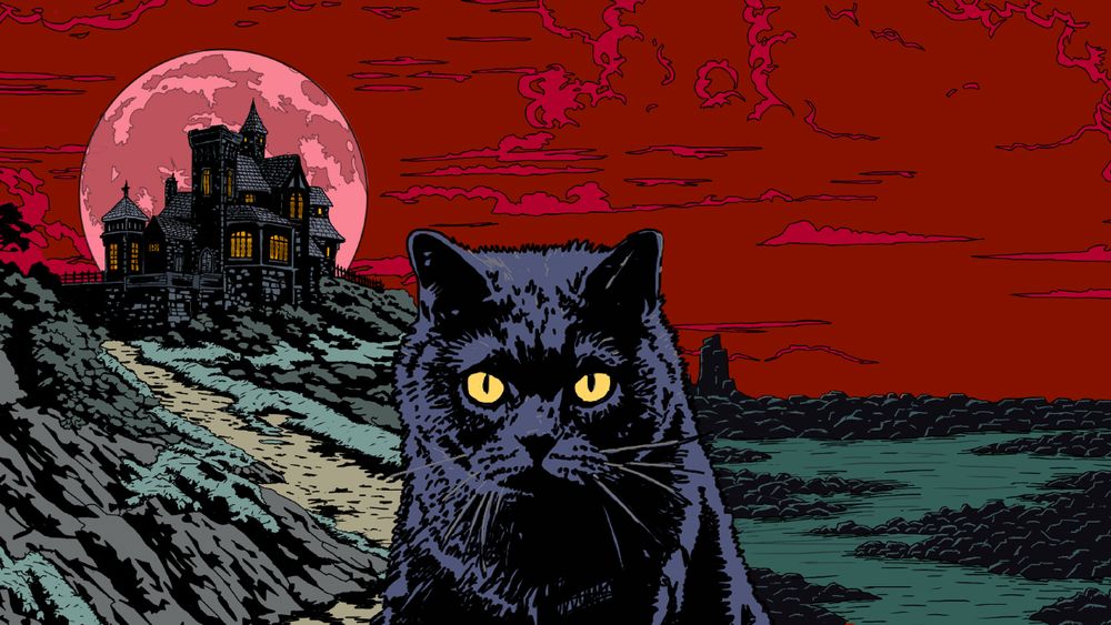 A grey cat with piercing yellow eyes stands Infront of a gothic mansion on a cliffs edge.