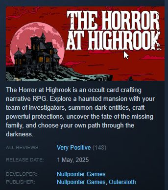 A screenshot of the steam store, showing that highrook has 148 very positive reviews!